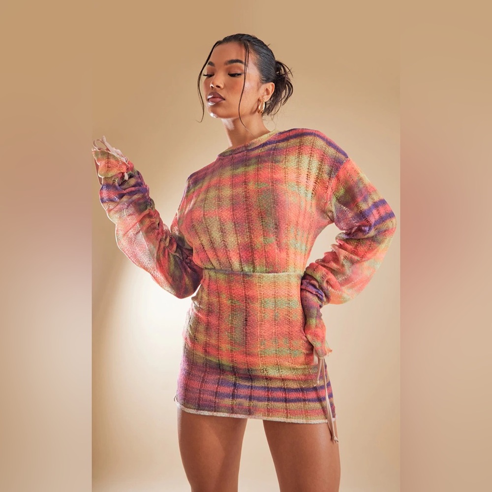Orange Blurred Print Distressed Long Sleeve Bodycon Mini Dress Sweater Dress